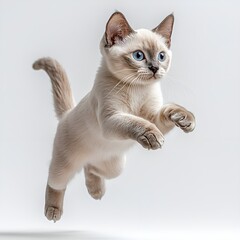 Adorable Blue-Eyed Siamese Kitten Mid-Jump on White Background. Generative AI