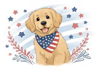 Cute USA-Themed Golden Retriever Puppy Illustration