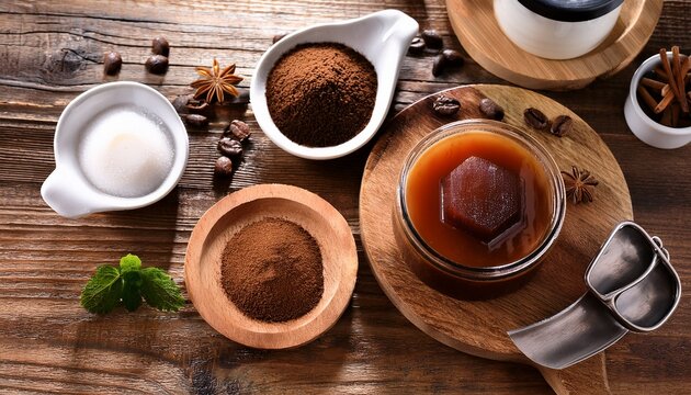 diy coffee jelly preparation with tools and ingredients on wooden table