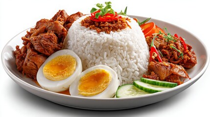 Chicken and Rice Dish with Boiled Eggs and Vegetables on White Plate