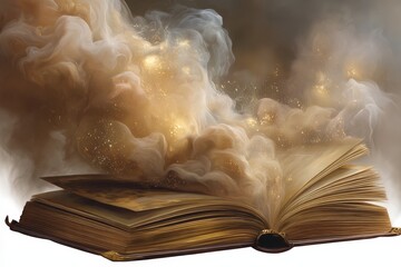 Open book surrounded by swirling magical smoke emits glowing sparks in an imaginative setting