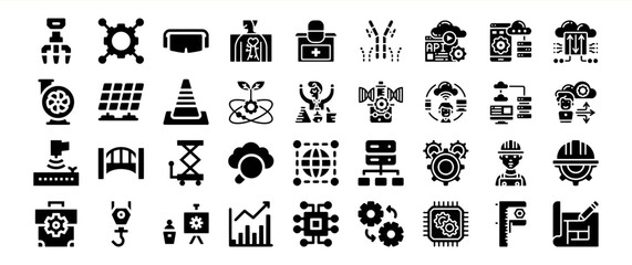 Black Glyph Icon Set Technology Engineering Collection of Industrial Symbols