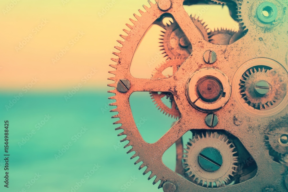 Poster intricate clockwork gears interlock, showcasing precision engineering and the passage of time.