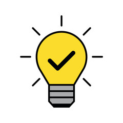 Fototapeta premium Simple light bulb and check mark icon illustration vector design. Yellow and grey with black outline. Innovation, concept, inspiration, creative thinking, thought, conclusion, and problem solving.