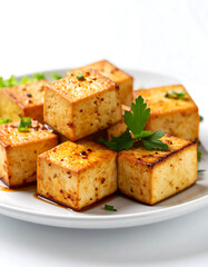 Golden brown tofu steaks with herbs and spices on white plate
