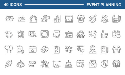 Event planning set of web icons in linear style. Event organization icons for web and mobile app. Management, wedding, entertainment, catering, invitations, catering, coordination. Vector illustration