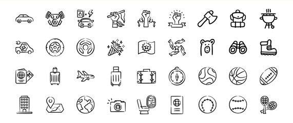 Collection of Black and White Doodle Travel and Sports Icons