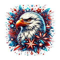 A Symbol of Freedom: An majestic eagle, a symbol of freedom, is at the heart of a vibrant patriotic display featuring fireworks and stars.