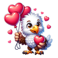 Love-Filled Eagle: An endearing illustration depicts a charming eagle, its gaze full of affection, tenderly clutching heart-shaped balloons. This design is a symbol of love, affection, and warmth.