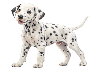 An adorable dalmatian puppy stands looking happy isolated on transparent background