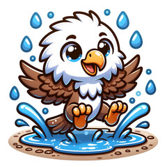 Cute Eagle Chick Splashing in Puddle