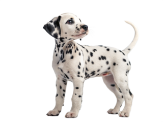 A cute dalmatian puppy stands and looks to the side isolated on transparent background