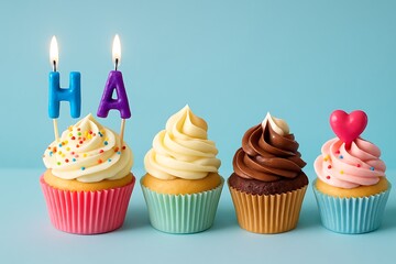 Colorful cupcakes with fun sprinkles and birthday candles for a joyful celebration! Perfect for dessert lovers.