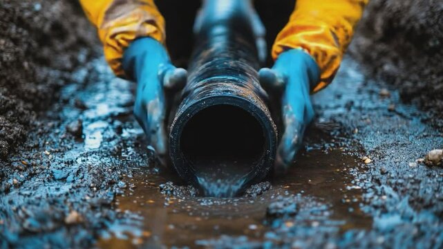 Water pipe repair in the dirt: A worker wearing gloves is holding a water pipe in the mud of a trench