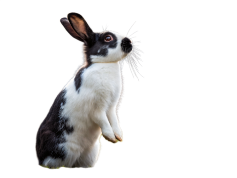 A black and white rabbit stands on its hind legs isolated on transparent background