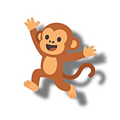 A playful cartoon monkey with wide-open arms and a big smile leaps joyfully.