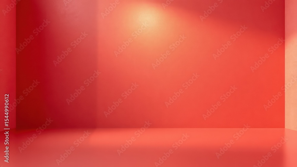 Poster subtle light rays gleam upon an empty room with warm coral tone textured walls and a glossy floor, p