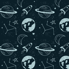 Vector space seamless pattern with planets, spaceships, galaxy and stars. Bright repeated texture with cosmic elements. Cute childish design for kids fabric and wrapping paper.
