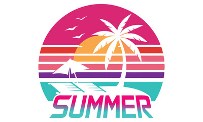 Vibrant summer sunset scene with palm tree beach umbrella and sun loungers retro design