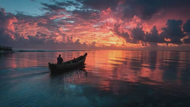 A Serene Voyage at Sunset: A lone fisherman navigates his boat across tranquil waters, framed by a vibrant sunset sky. Reflecting peace, serenity, and the captivating allure of the open sea.