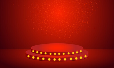 Glowing red podium stage with yellow light bulbs and sparkling particles, perfect for awards, show, product display, or festive celebration visuals.