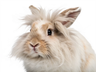 Closeup of a fluffy lionhead rabbits face isolated on transparent background
