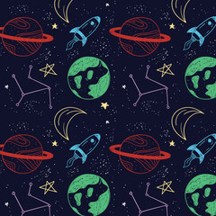 Vector space seamless pattern with planets, spaceships, galaxy and stars. Bright repeated texture with cosmic elements. Cute childish design for kids fabric and wrapping paper.
