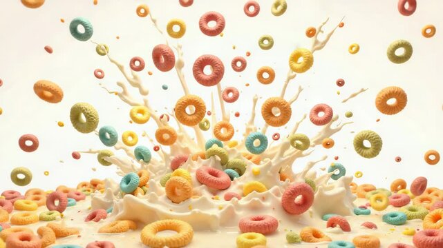 Colorful cereal rings splashing in milk with dynamic burst effect  