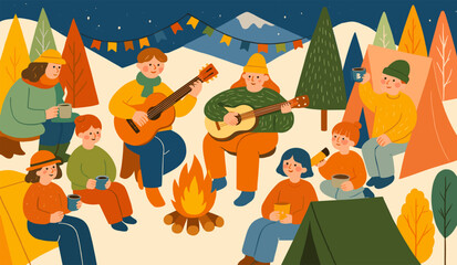 Fototapeta premium Campfire Songs: Vector illustration of family and friends camping, playing guitar near tents at a music festival. It´s perfect for fun, outdoor and music designs.