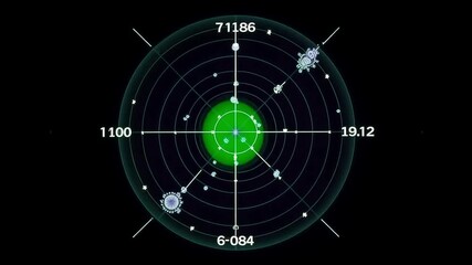 A green radar screen showing targets and numerical data with crosshair in the center view