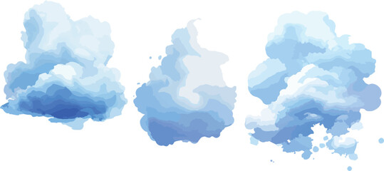 Watercolor Cloud Collection Three Isolated Blue Cloud Illustrations on a White Background Perfect for Adding a Dreamy and Artistic Touch to Your Design Projects