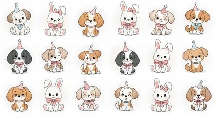 Seamless pattern of hand drawn illustration of dogs, pets, wearing party hats, vector illustration, celebrating and having fun, cute, surrounded by pink bows, ribbons, illustration 