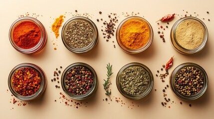 Colorful array of spices in glass jars placed on a neutral background during daylight