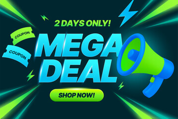 3d mega deal sale banner template with megaphone and flying coupons, isolated on background with lightning effect. Mega sale banner in 3d vector. Vector illustration