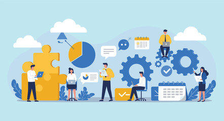  Effective business management illustration showcasing teamwork, data analysis, strategic planning, task organization, and problem-solving for optimized workflow, flat vector illustration