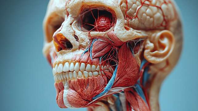Anatomical head model showing skull, muscles, and blood vessels