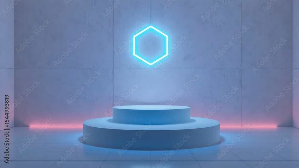 Poster minimalist showcase scene with a two-tier platform and hexagon light against a tiled wall with subtl