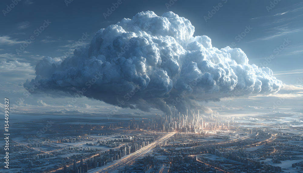 Aufkleber a futuristic representation of a cloud computing system above a city.