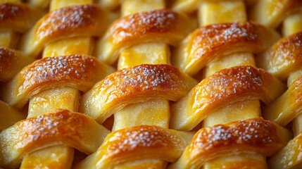 Close-up of a golden, sweet pastry, a lattice-style apple pie, ready to bake