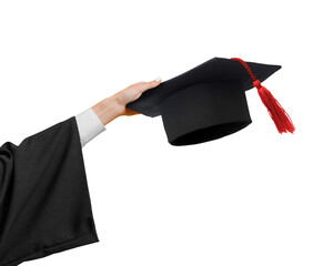 Hand with graduation hat on transparent background png