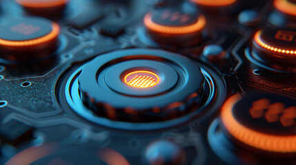 Close-up of futuristic circuit board with glowing components.