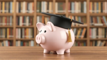 Concept illustration showing a piggy bank with graduation cap in front of a bookshelf representing savings for education