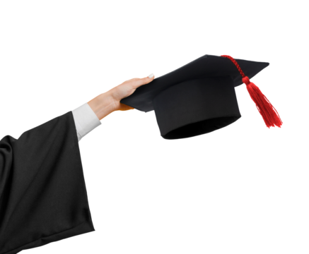 Hand with graduation hat on transparent background png - Powered by Adobe