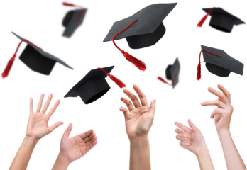 Hands throwing graduation hats on transparent background png