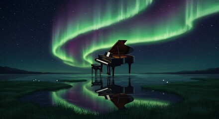 Grand Piano Underneath the Aurora Borealis