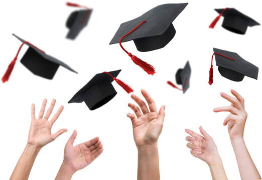 Hands throwing graduation hats on transparent background png