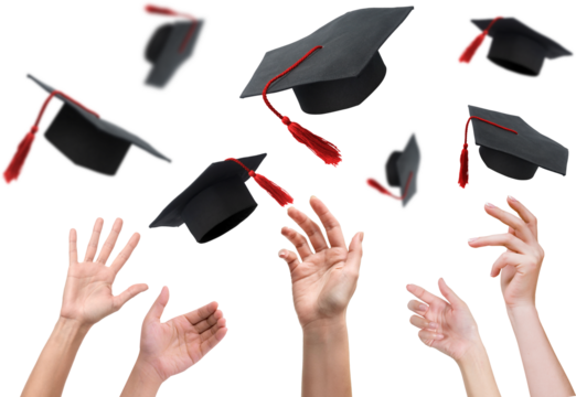Hands throwing graduation hats on transparent background png