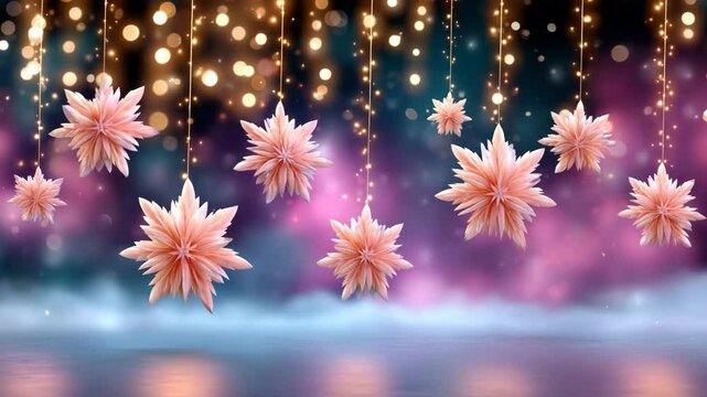 Delicate pink flowers dangle among shimmering lights, creating a dreamy atmosphere