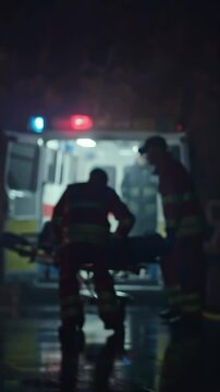 Firefighters with stretcher at night emergency scene, ambulance lights in the background