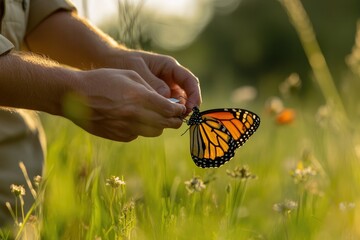 Gentle hands carefully hold a monarch butterfly in a sunlit meadow.